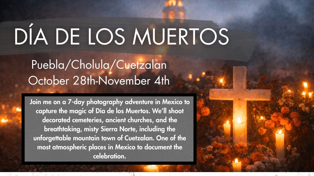 A poster for Día de los Muertos events in Puebla, Cholula, and Cuetzalan, Mexico, from October 28th to November 4th, featuring a lit cross surrounded by candles and flowers in a cemetery at night.