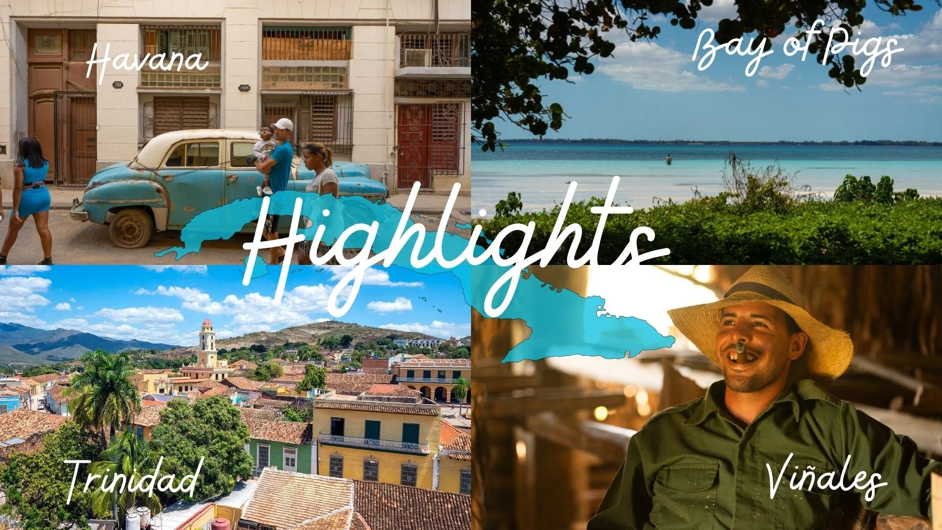 A collage of four images showcasing different destinations in Cuba. The top left image features a street scene in Havana with a vintage car and people walking. The top right image depicts a beach in Bay of Pigs with clear blue water and green foliage