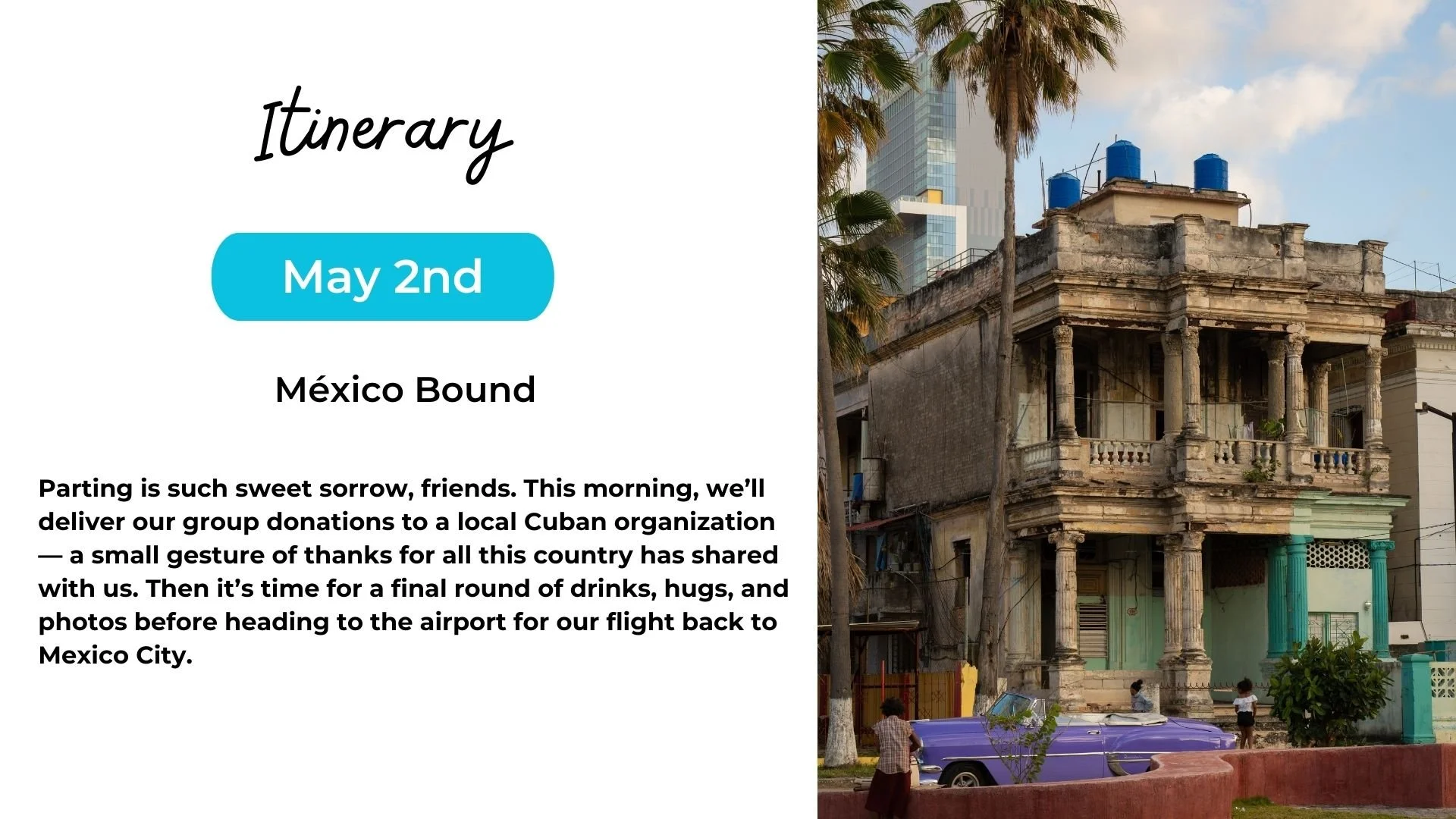 Travel itinerary page with date May 2nd, destination Mexico, showing an old colonial building with columns and balconies in a city with palm trees, a purple vintage car, and people walking.