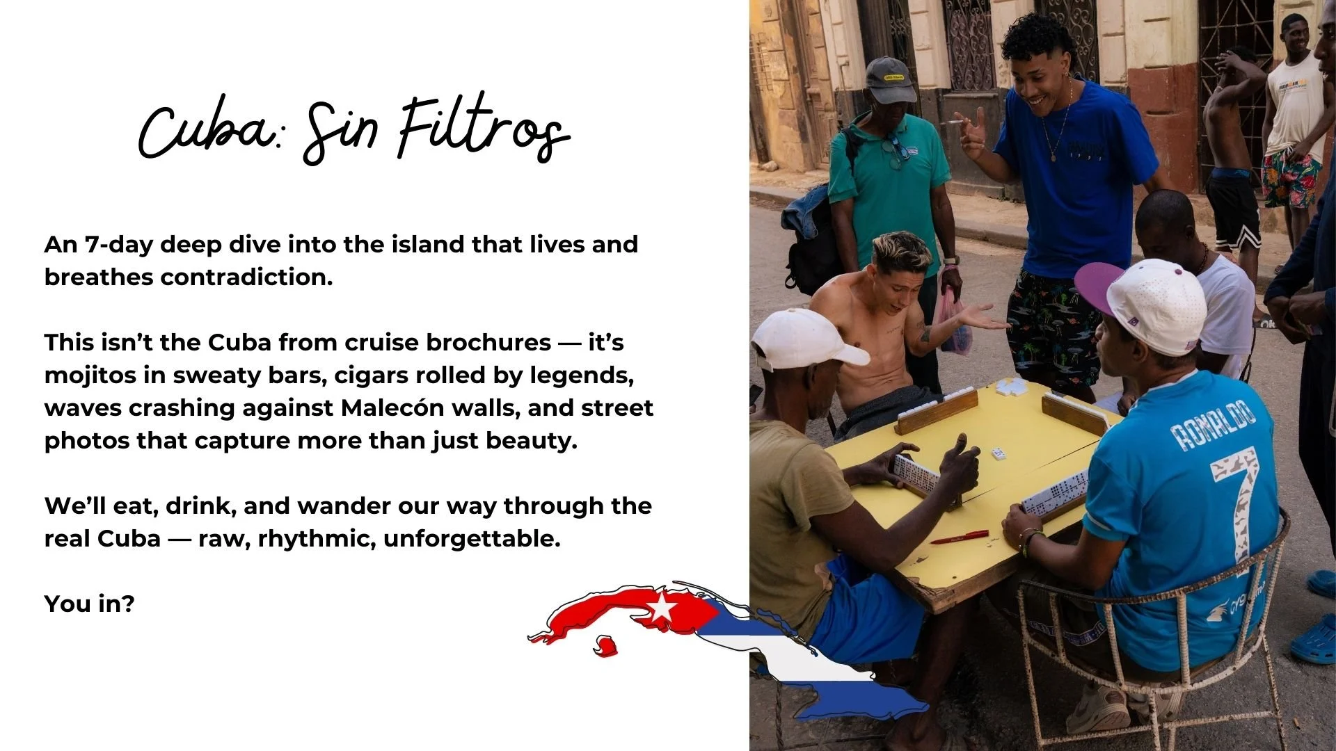People playing dominoes on the street in Cuba, with one shirt displaying Cristiano Ronaldo's name and number.