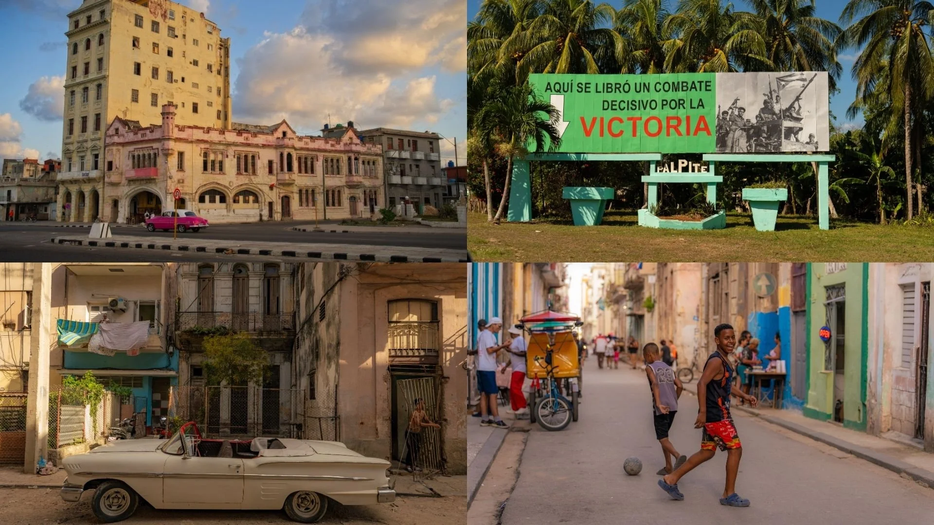 A collage of four scenes from Cuba. Top left: an old pink building with a pink car parked in front. Top right: a road sign about a historic victory with palm trees in the background. Bottom left: an old white convertible car parked beside dilapidated