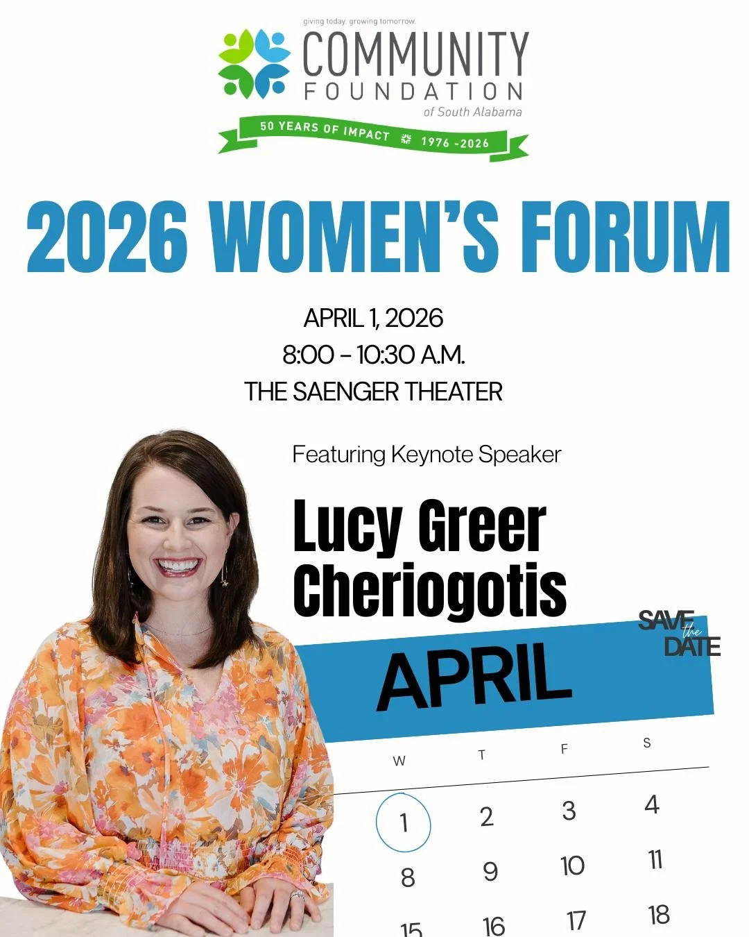 ✨ Save the Date ✨

Mark your calendar for our 2026 Women&rsquo;s Forum, featuring keynote speaker Lucy Greer Cheriogotis!

📅 Date: April 1, 2026
⏰ Time: 8:00 - 10:30 a.m.
📍 Location: The Saenger Theater

More details coming soon. We can&rsquo;t wai