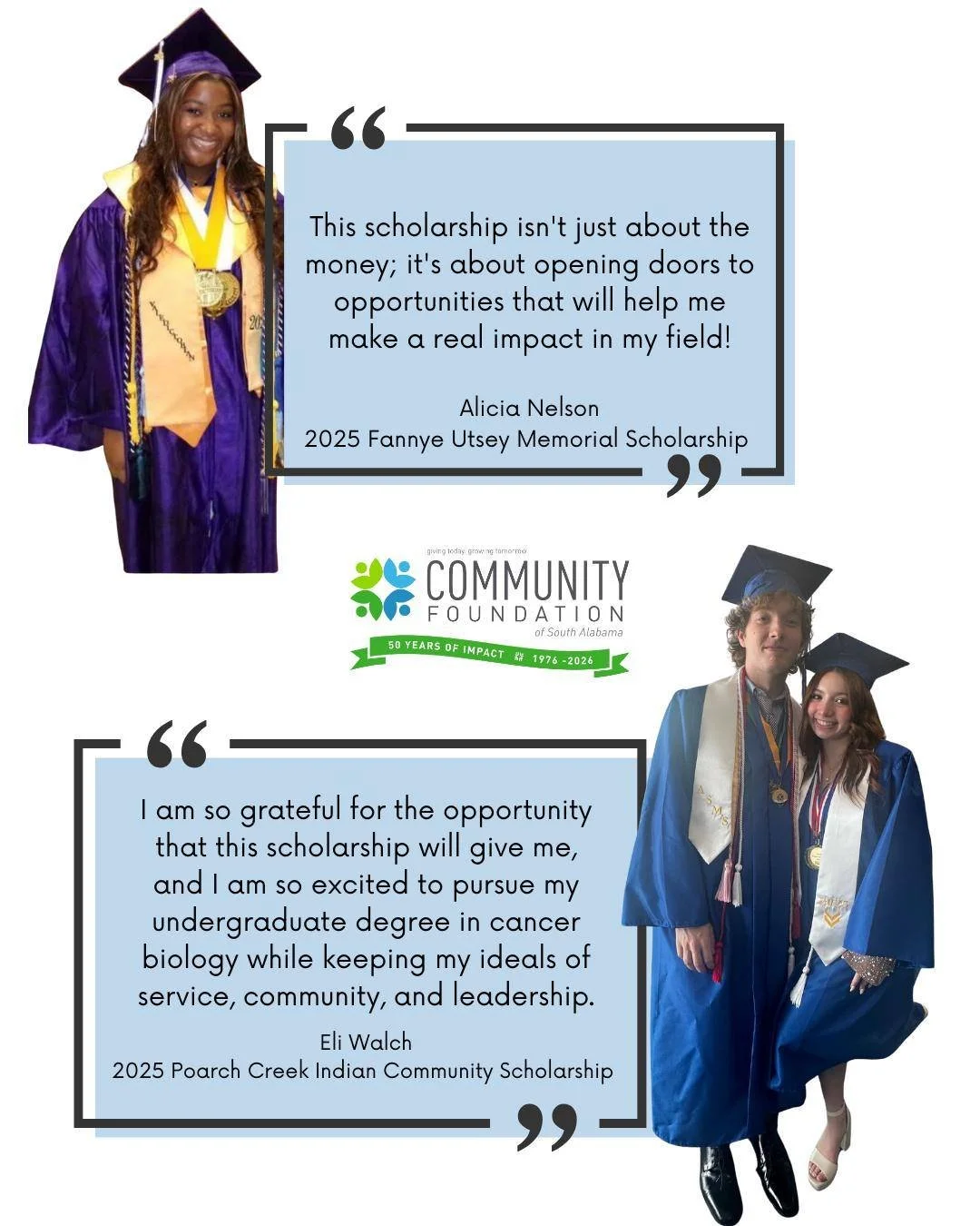 We ❤️ our scholarship recipients! Alicia and Eli are turning their dreams into reality with help from the Community Foundation of South Alabama. 
Ready to start your journey?
🔗 Apply before April 30. https://www.communityfoundationsa.org/apply-for-a