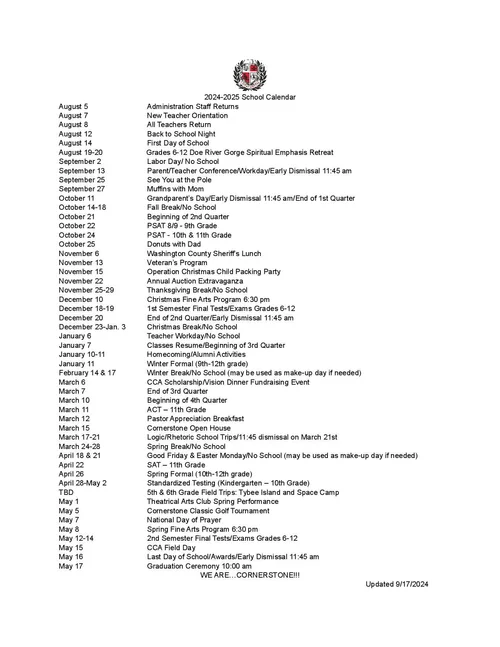20242025 School Calendar — Cornerstone Christian Academy