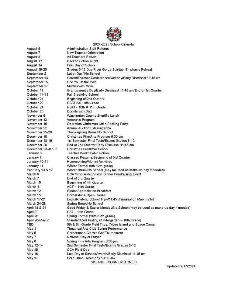 20242025 School Calendar — Cornerstone Christian Academy