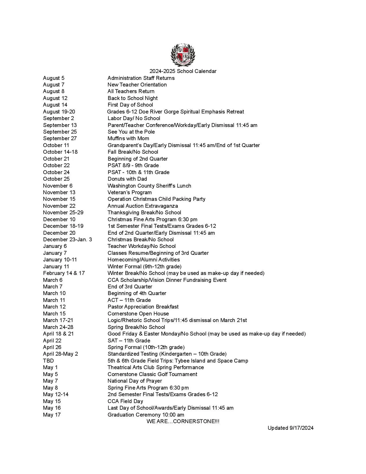Cornerstone Academy Calendar 2025