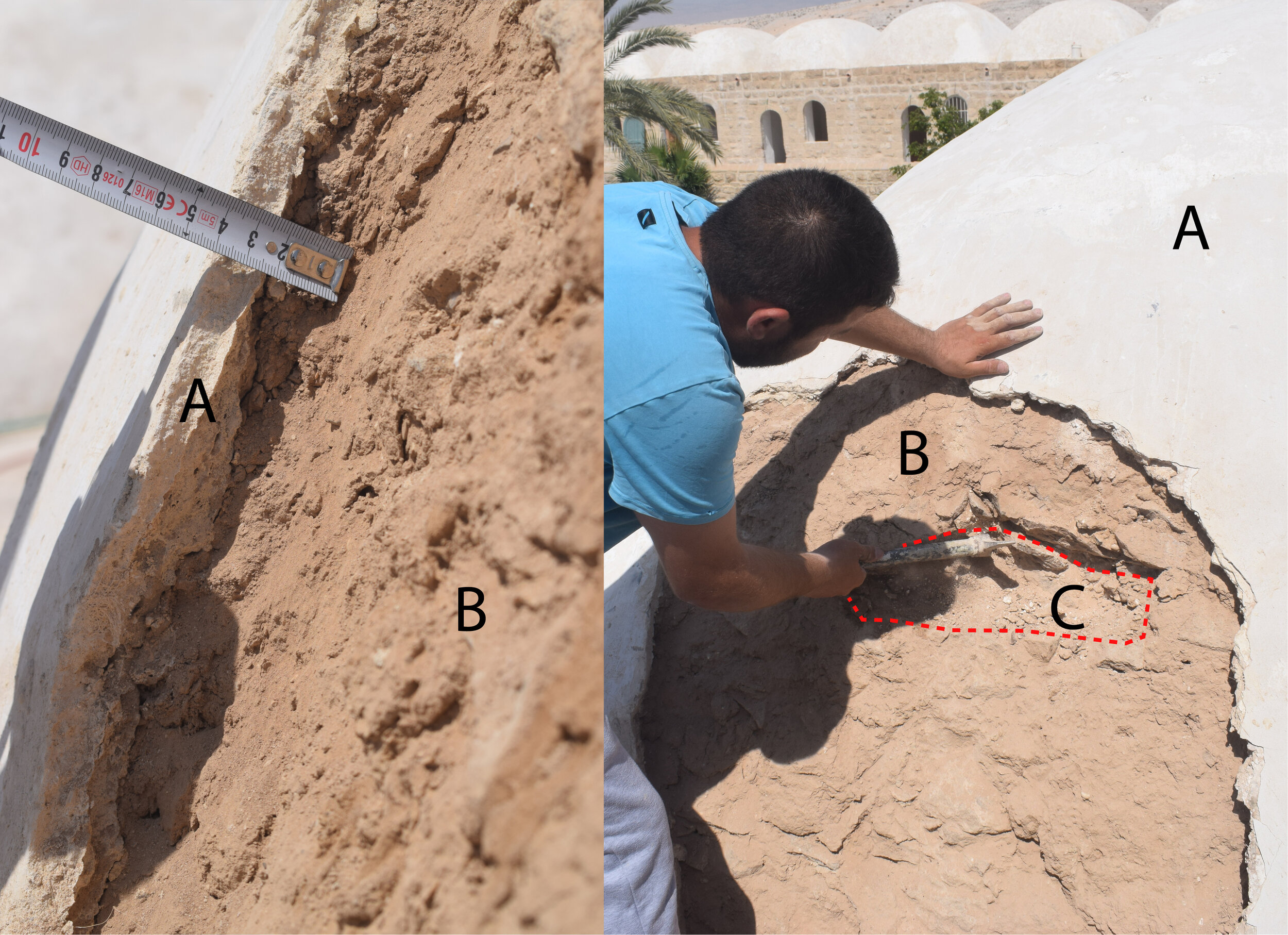  Figure 5. The layers of the terracotta shells. A: Protective layer of mortar, B: Mortared small flints and stones. 