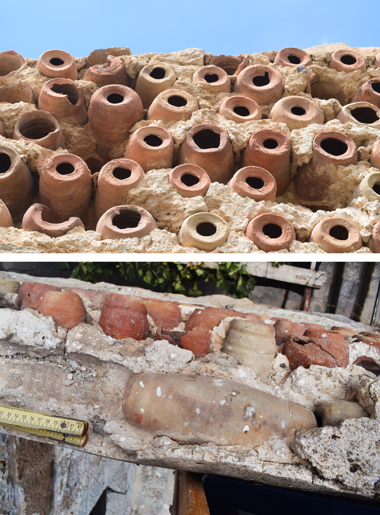 Figure 6. The layers of the terracotta shells. A: Protective layer of mortar, B: Mortared small flints and stones. 
