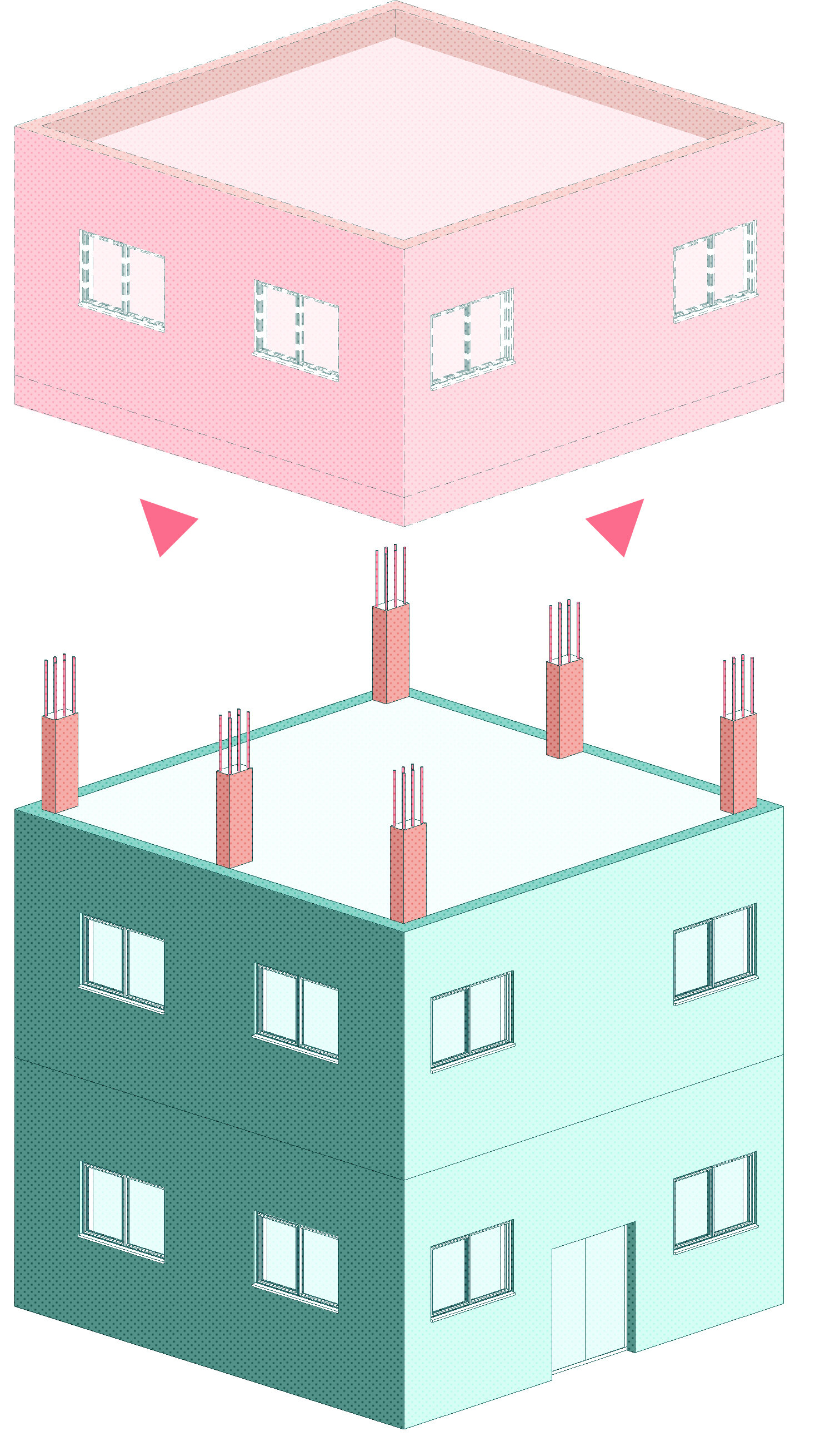  Diagram 3. Drawing showing extruded columns on top of sample residential building and how they are meant to be used in the future through the addition of new floors. (Illustrated by Noor Marji). 