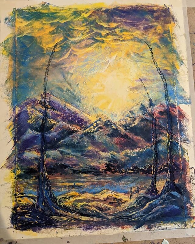 First layers of color. I must have summer on my mind.☀️ #coloradoart, #coloradoartist, #abstractlandscape, #originalart, #oilpastels, #colorfulart, #interiordesign, #mountainart, #landscape