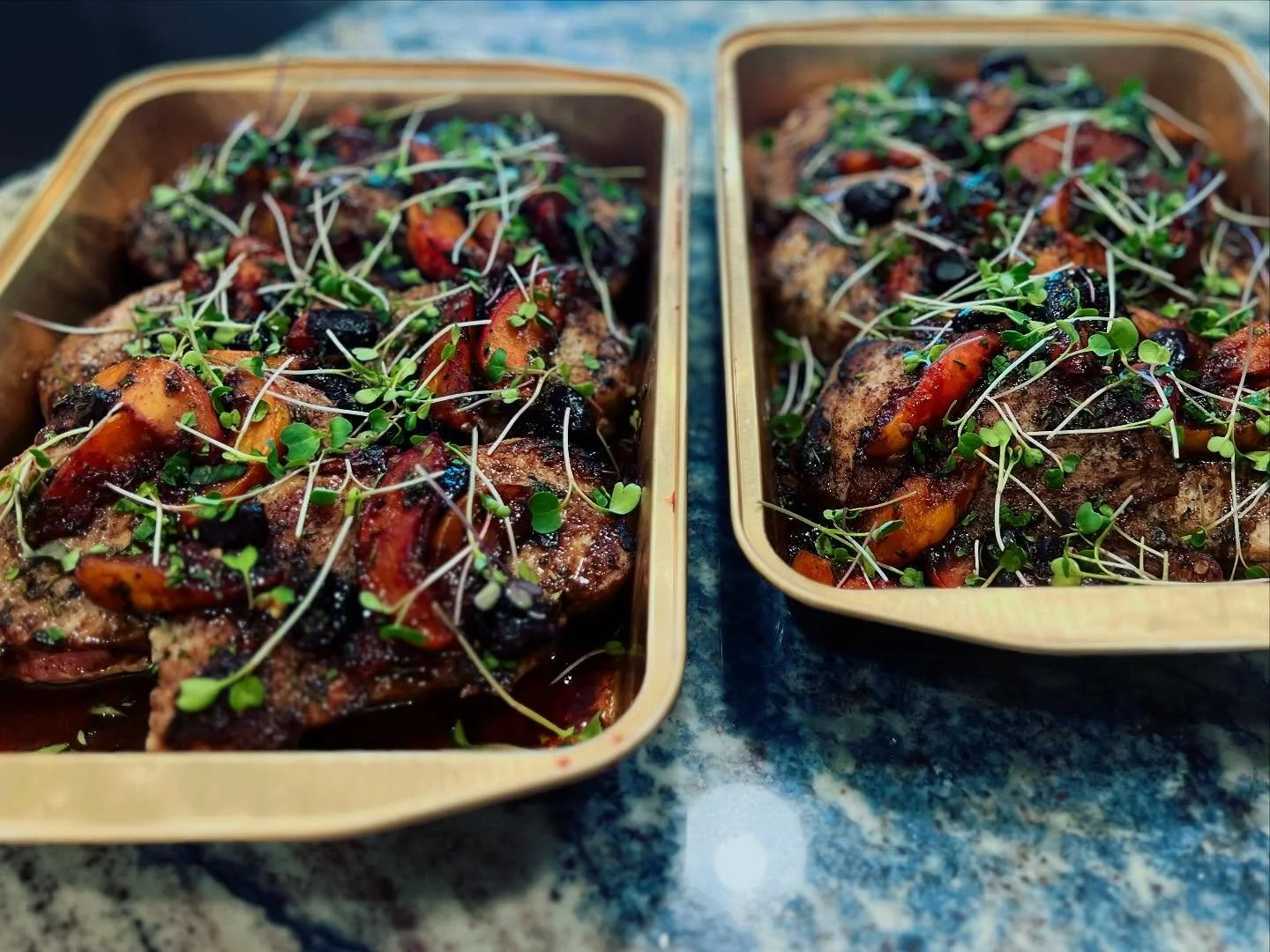 Heritage Duroc pork chops with Palisade peaches, cherries, and micro greens! Thank you @allthegoodstuff.vailvalley and @cutvailvalley for helping to procure beautiful ingredients