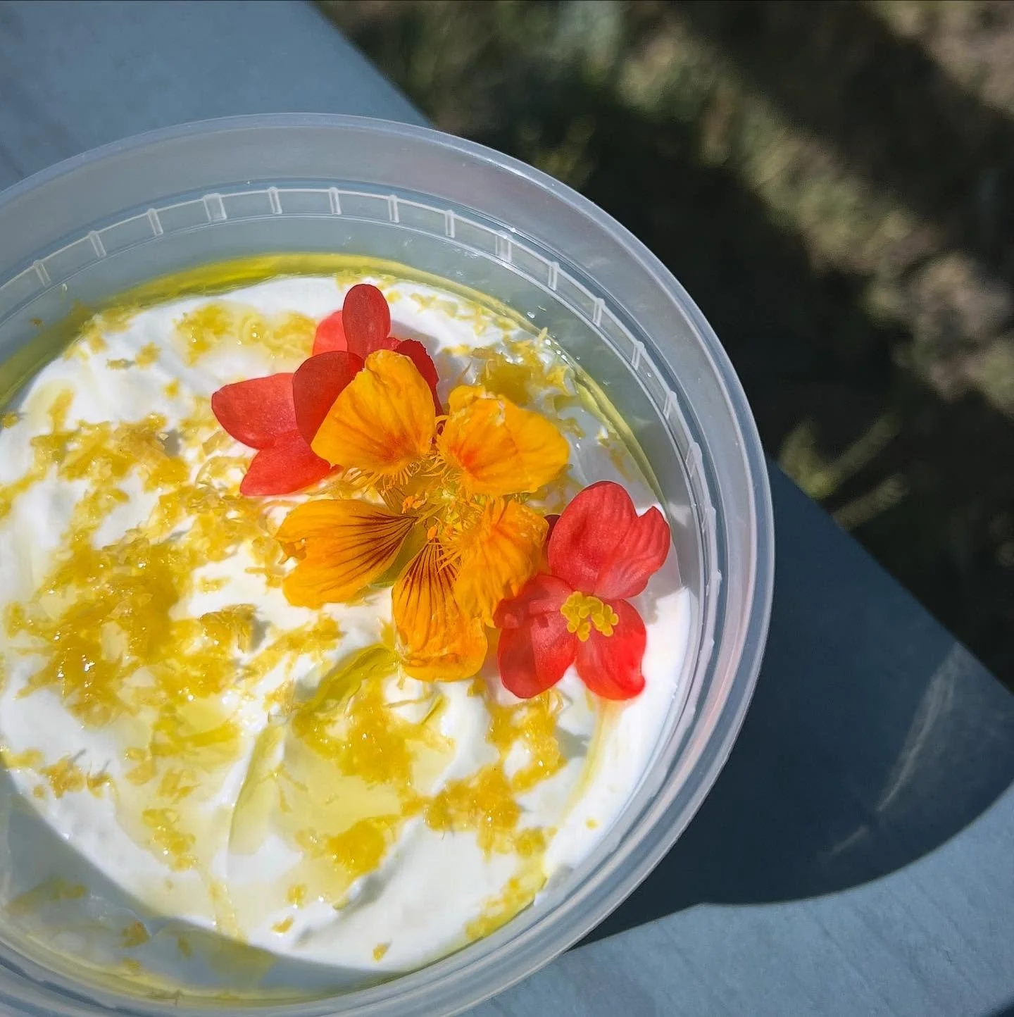 Whipped Haystack Mountain Goat Cheese with Fresh Citrus and Edible Flowers Grown from my Garden. #vailpersonalchef #vailcolorado #beavercreekcolorado