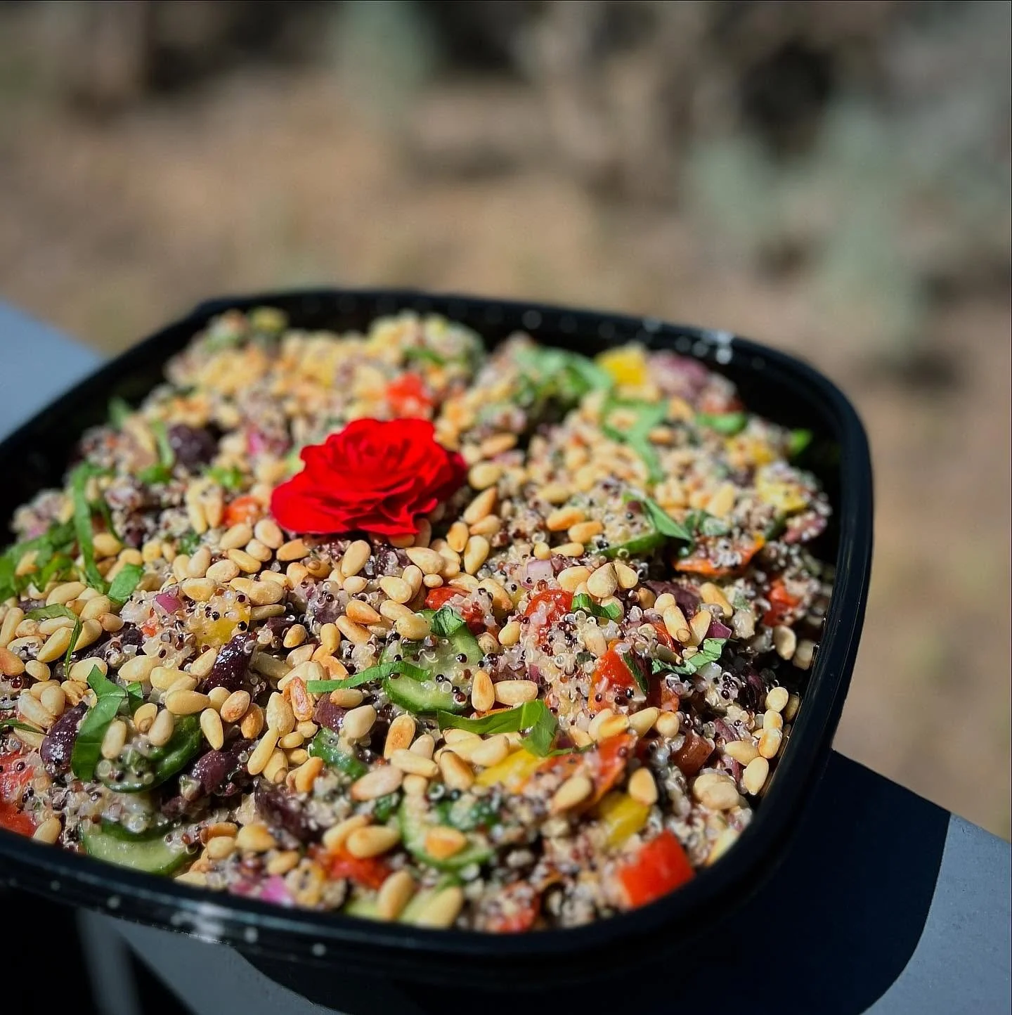 Greek Quinoa Salad with all the Local Veggies, Herbs, and Flower!