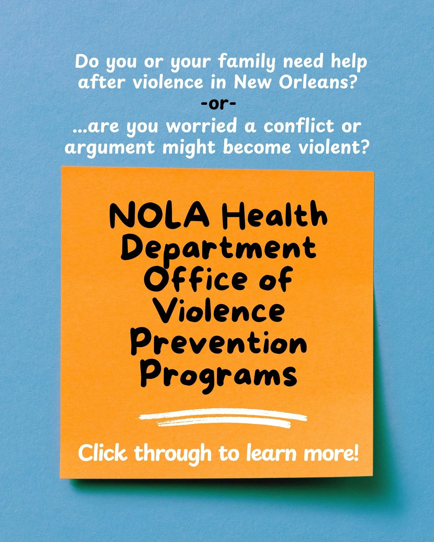 Did you know the @nolahealthdept has an Office of Violence Prevention? 

There is free help available for those in Orleans Parish through these programs:

Seeds of NOLA Trauma Recovery Center (Ages 13+, after experiencing traumatic injury or traumati