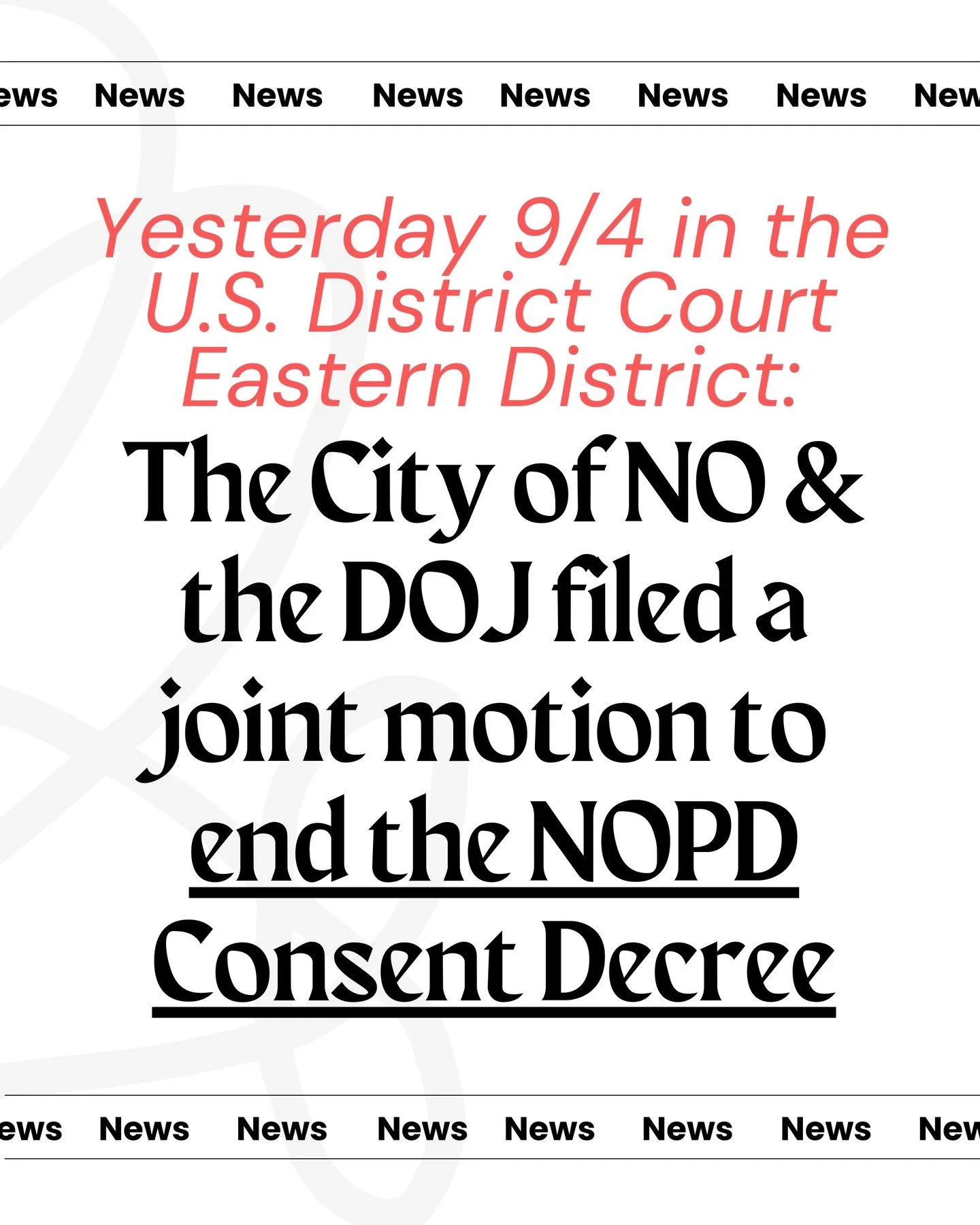 Yesterday 9/4 the City of N.O. and DOJ filed a joint motion to end the NOPD Consent Decree in the United States District Court, Eastern District. @fox8nola reported on this yesterday (article linked in bio)...

&amp; you can find future updates on th