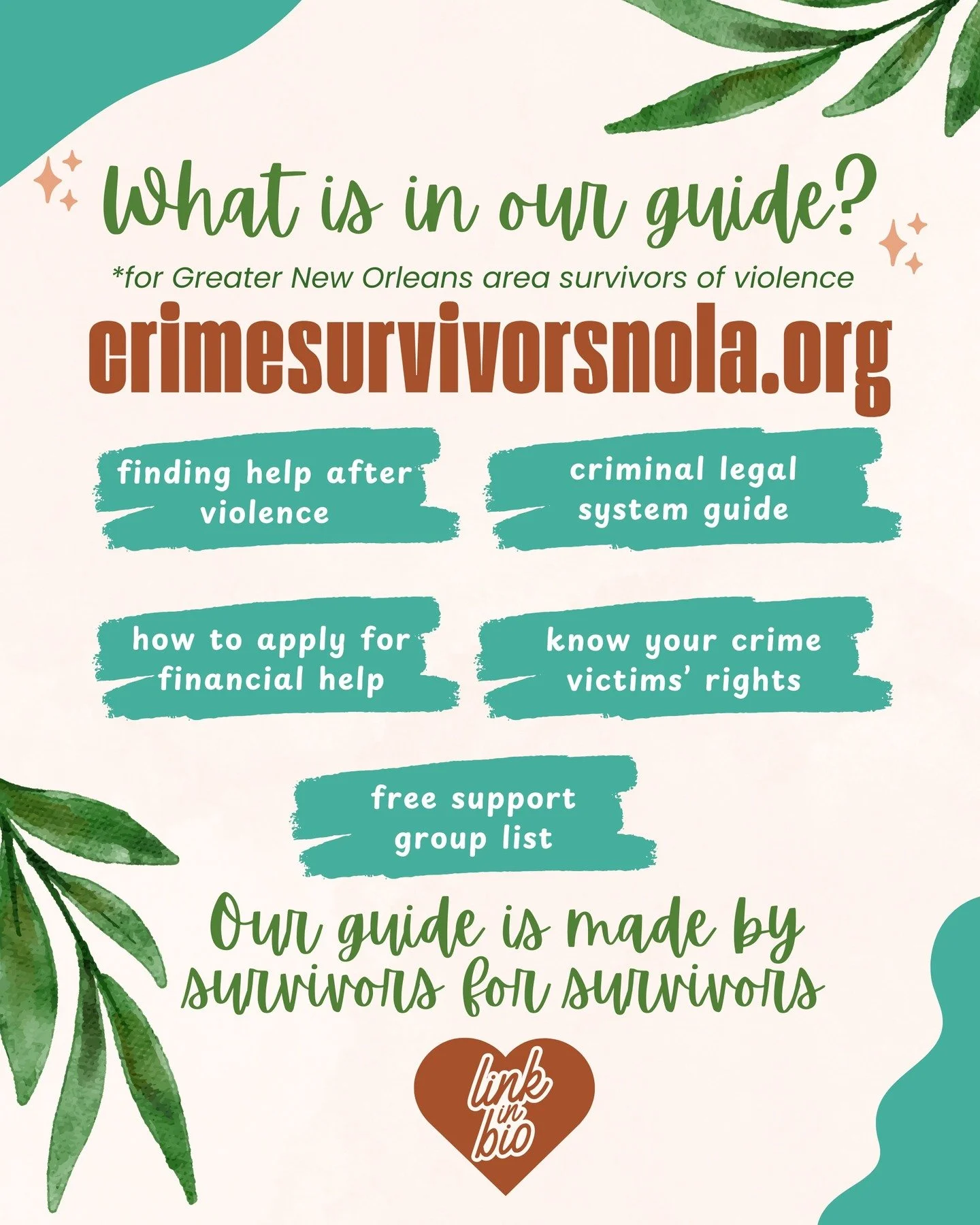Not sure where to find info or help after you or a loved one experienced violence in New Orleans?

Our guide includes:
Types of Violence: specific places who may be able to help, based on what type of violence you experienced

Criminal Legal System: 