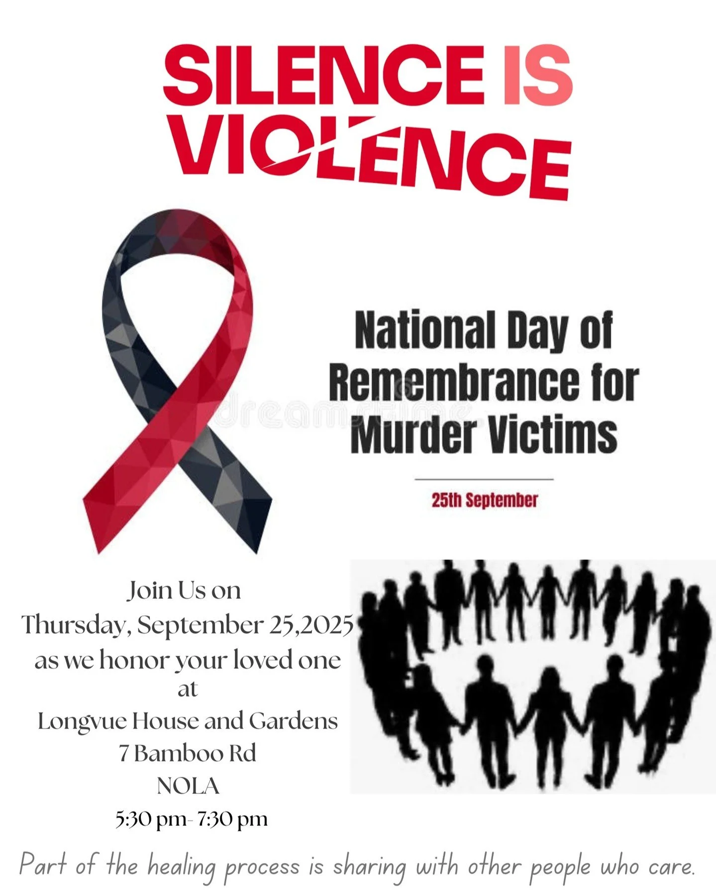 TOMORROW September 25 at Long Vue House and Gardens from 5:30-7:30 pm, @silenceisviolence504 is holding an event to honor loved ones lost to homicide for the National Day of Remembrance for Murder Victims. 

Thank you @silenceisviolence504 for all yo