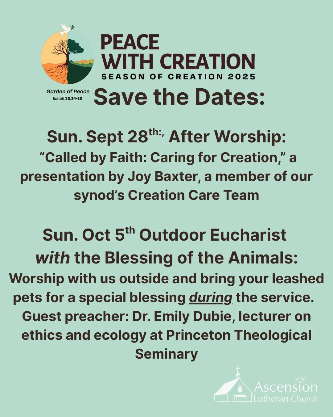 We've got a few guest speakers lined up for the Season of Creation. Save the dates and join us in the celebration: