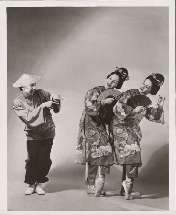 George Li, Gloria Vauges, and Janice Mitoff in the Chinese Dance, “Tea,” in Balanchine’s The Nutcracker , 1954. Photo by Frederick Melton.