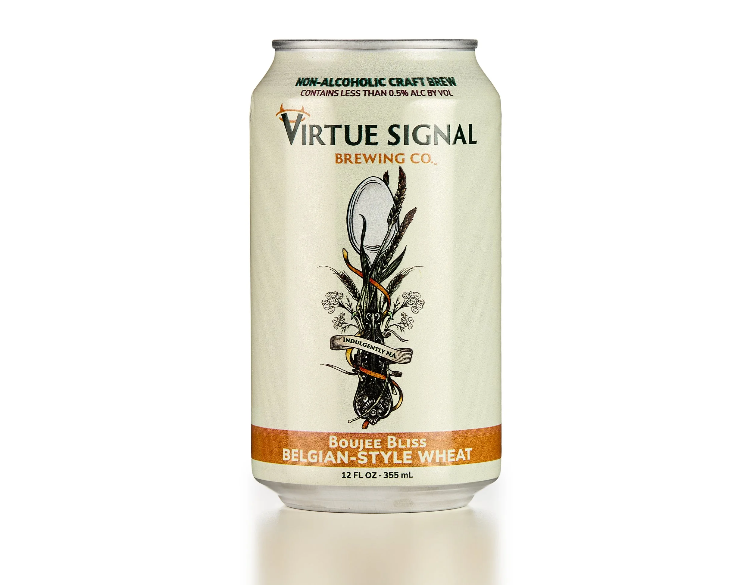 A can of Virtue Signal Brewing Co. Boujee Bliss Belgian-style wheat beer with artistic design, text emphasizing non-alcoholic craft brew, and decorative elements.