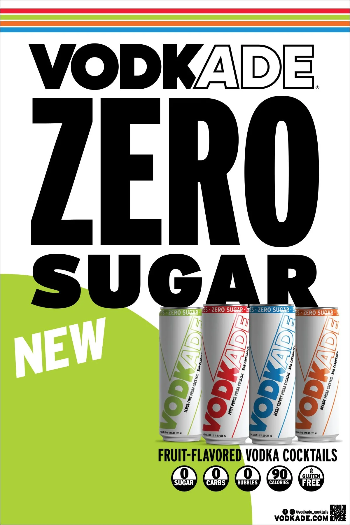 A package of Vodkade Zero sugar fruit-flavored vodka cocktails with four cans in lemon, fruit punch, berry cherry, and orange flavors. The packaging highlights zero sugar, zero carbs, zero bubbles, 90 calories, and gluten-free attributes.