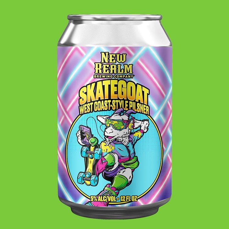 New Realm Brewing Company Skategoat West Coast-Style Pilsner can featuring a colorful, cartoon-style goat on rollerskates.