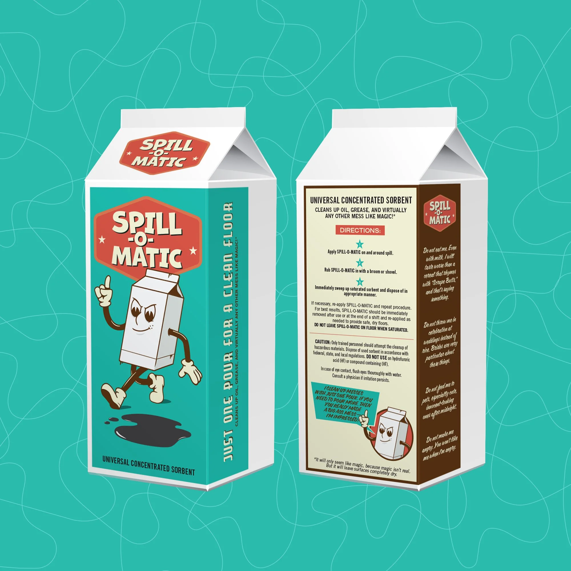 Packaging of Spill-O-Matic universal concentrated sorbent against turquoise background, featuring instructions and cartoon mascot on carton.