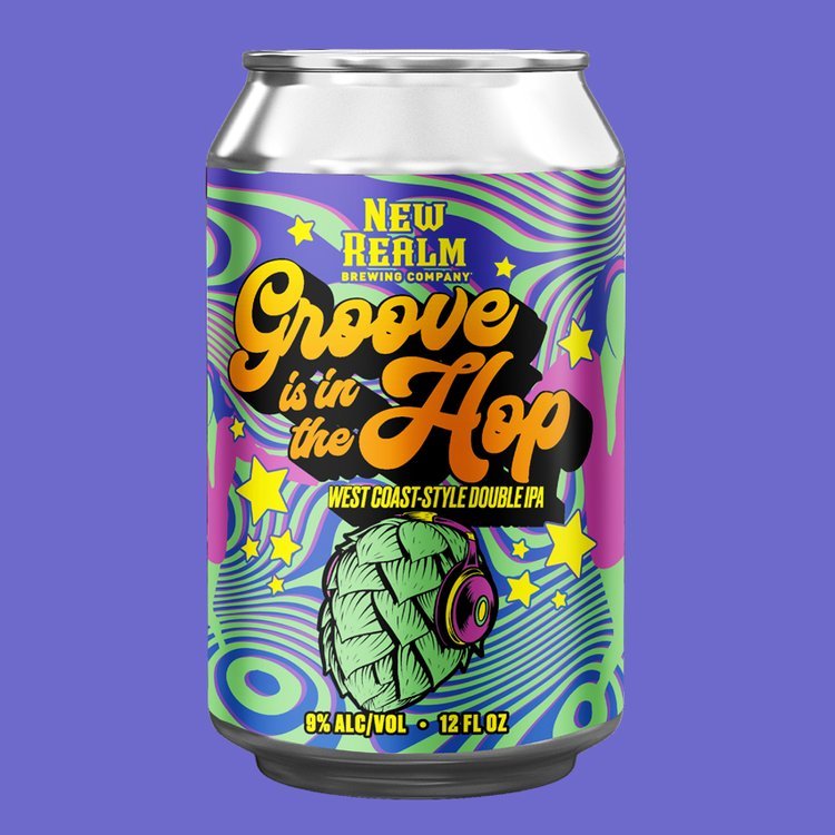 Can of New Realm Brewing Company's "Groove is in the Hop" West Coast-Style Double IPA with colorful psychedelic design.