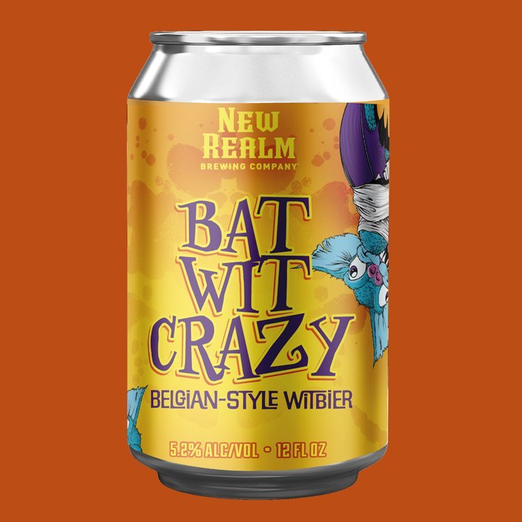 Can of New Realm Brewing Company Bat Wit Crazy Belgian-Style Witbier, 5.2% alcohol, 12 fl oz, with vibrant design on a yellow background.