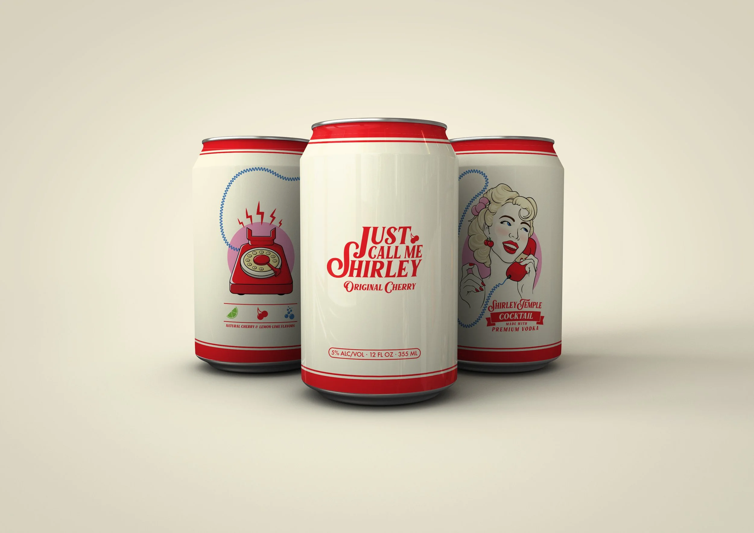 Three cans of "Just Call Me Shirley" original cherry cocktail with retro design, featuring a red rotary phone and a vintage illustration of a woman. The drink contains 5% alcohol by volume.