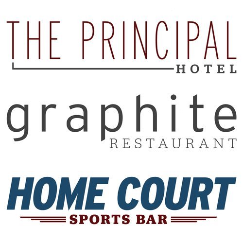 Logos for The Principal Hotel, Graphite Restaurant, and Home Court Sports Bar.