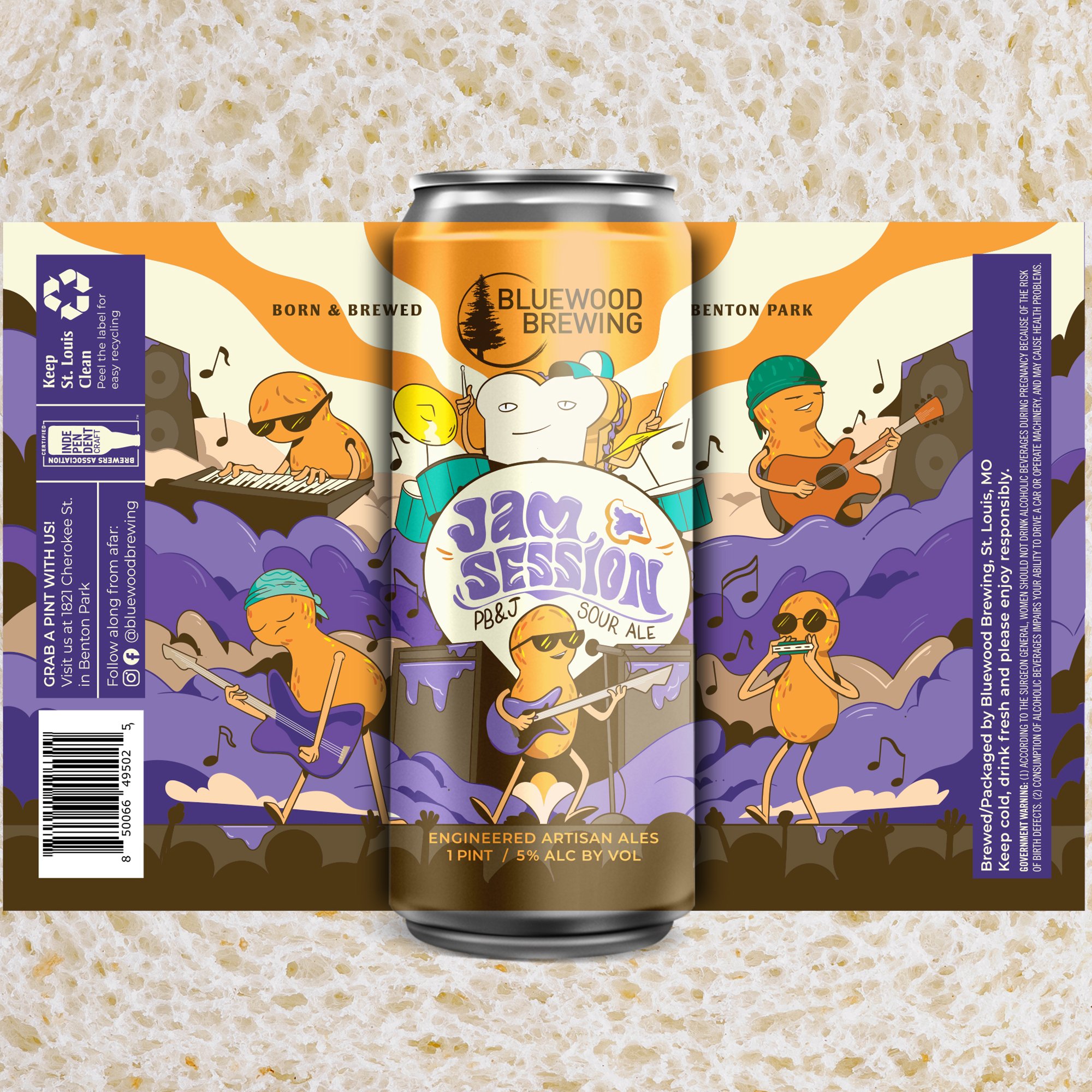A colorful beer can from Bluewood Brewing featuring cartoon characters playing musical instruments with a purple and orange background, promoting artisanal ales.