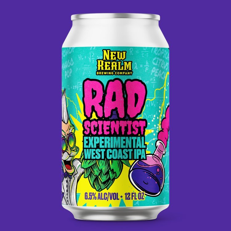 New Realm Brewing Company can labeled "Rad Scientist, Experimental West Coast IPA, 6.5% alc/vol, 12 fl oz" with colorful artwork including a cartoon scientist, hop, and beaker.