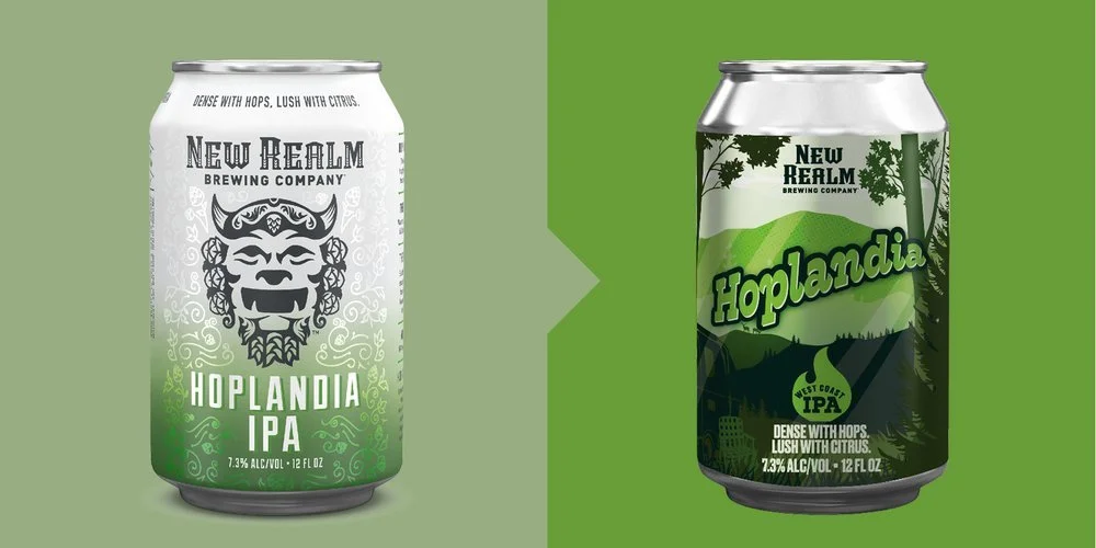 Two New Realm Brewing Company HOPLANDIA IPA cans on a green background. Left can has a white and green gradient with a stylized face logo. Right can has a green forest design with "HOPLANDIA" in bold letters.