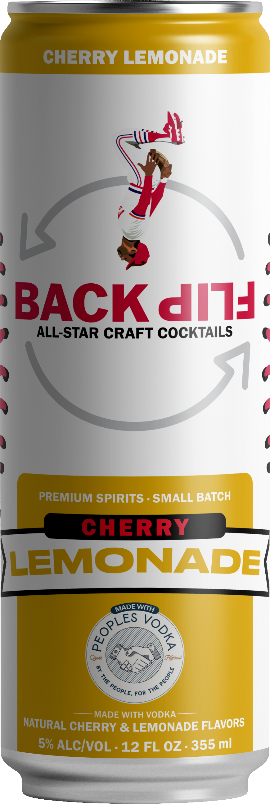 Back Flip Cherry Lemonade cocktail can, 12 fl oz, 5% alcohol by volume, all-star craft cocktail with natural cherry and lemonade flavors, made with Peoples Vodka, small batch, premium spirits.