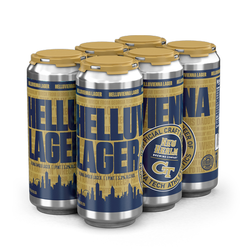 Six-pack of Helluva Lager beer cans with gold and blue design featuring Georgia Tech branding.