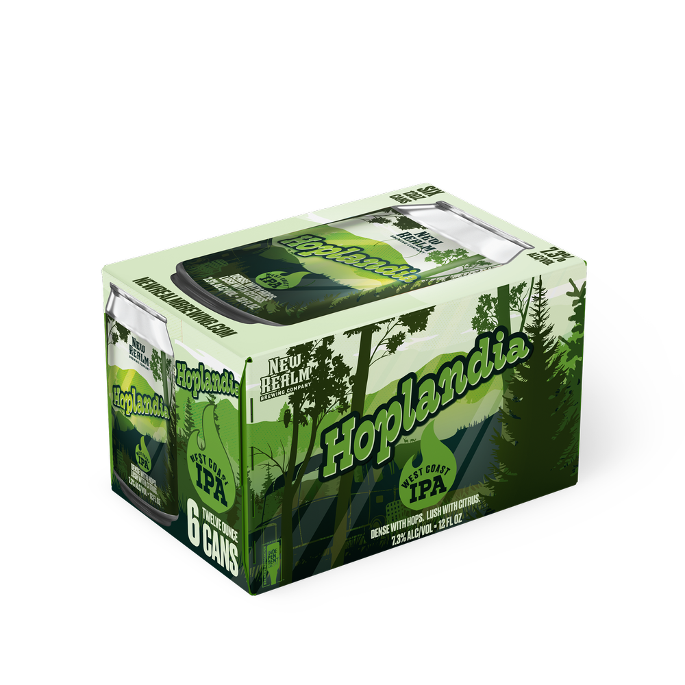 Hoplandia IPA 6-pack of cans from New Realm Brewing Company with green forest-themed packaging.