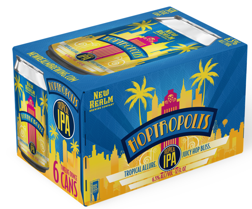 Packaging of New Realm Brewing Company Hop Tropolis Tropical IPA, featuring a vibrant design with cityscape, palm trees, and the text 'Juicy Hop Bliss', 6.5% ABV, 12 fl oz, six cans.