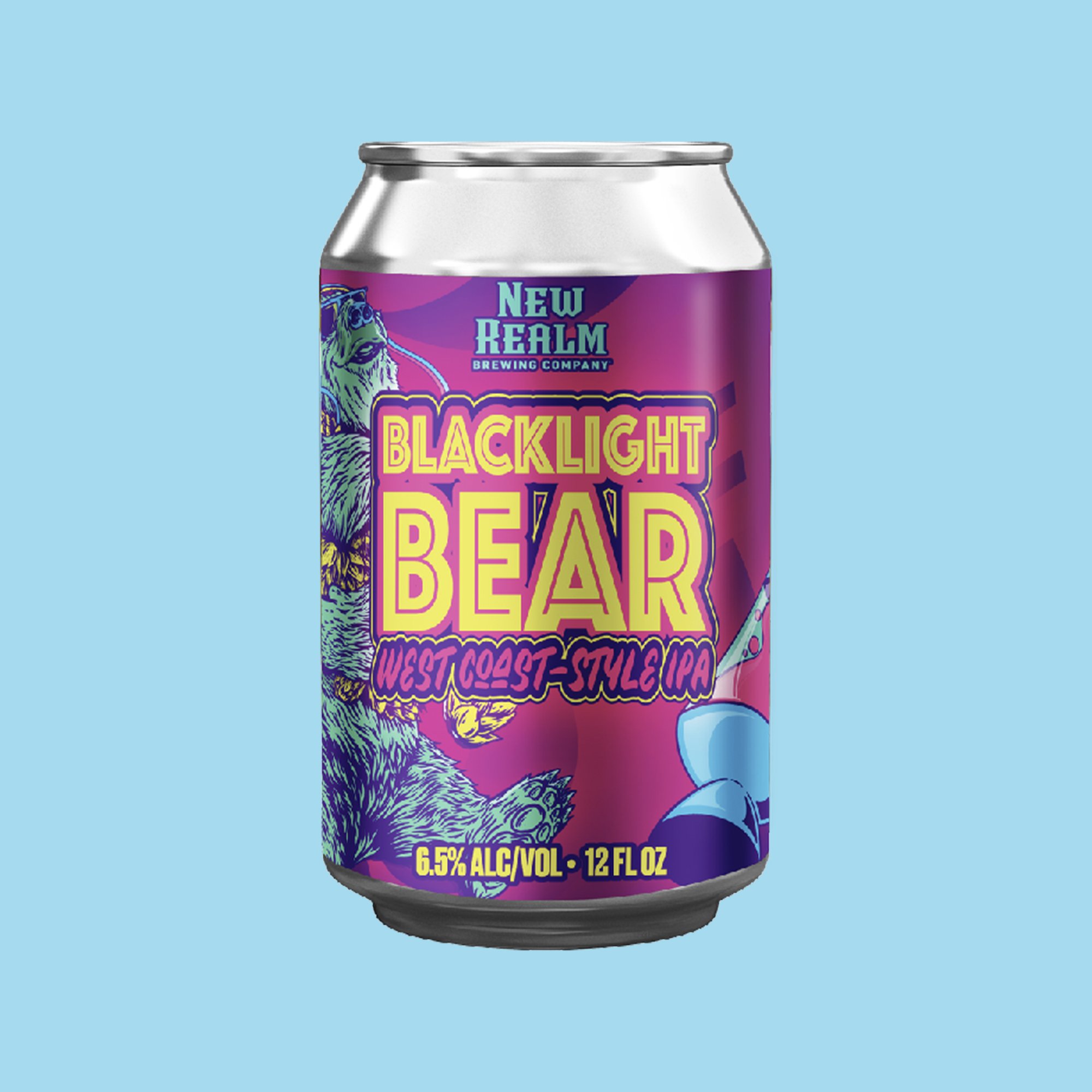 Can of New Realm Brewing Company's Blacklight Bear West Coast-Style IPA with colorful label and 6.5% alcohol content, 12 fl oz size.