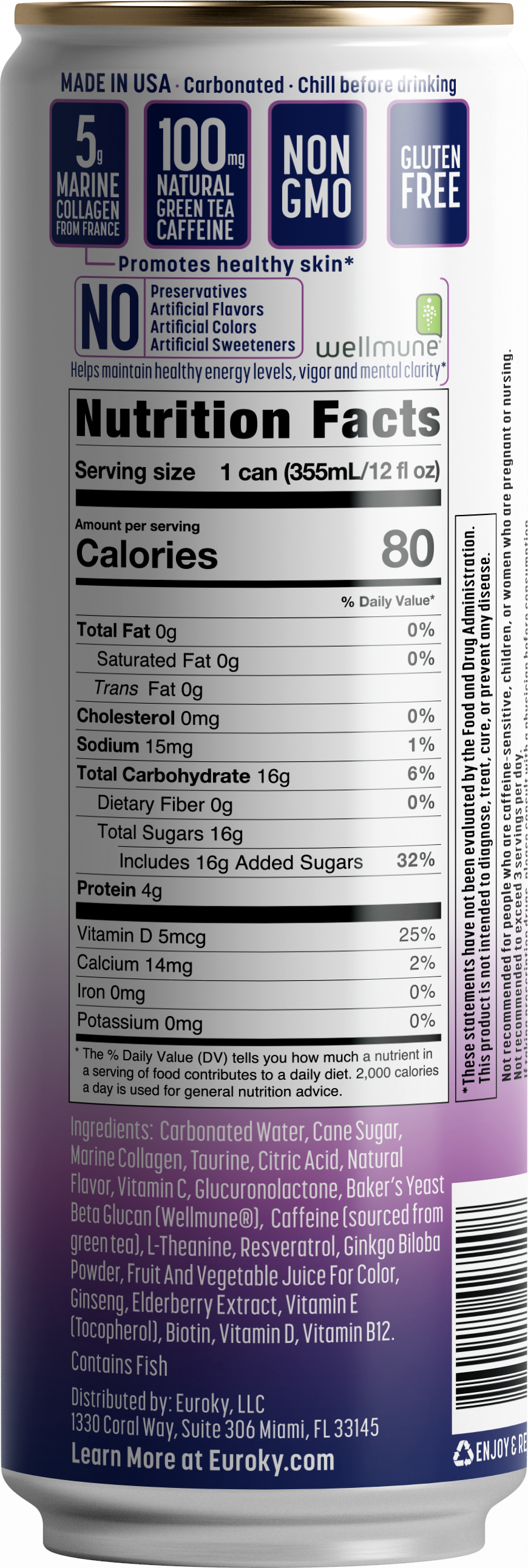 Beverage can label with nutrition facts and ingredients, highlighting marine collagen, green tea caffeine, gluten-free, non-GMO, and claims promoting healthy skin. The label lists 80 calories, 4g protein, vitamins, and no artificial preservatives. Co