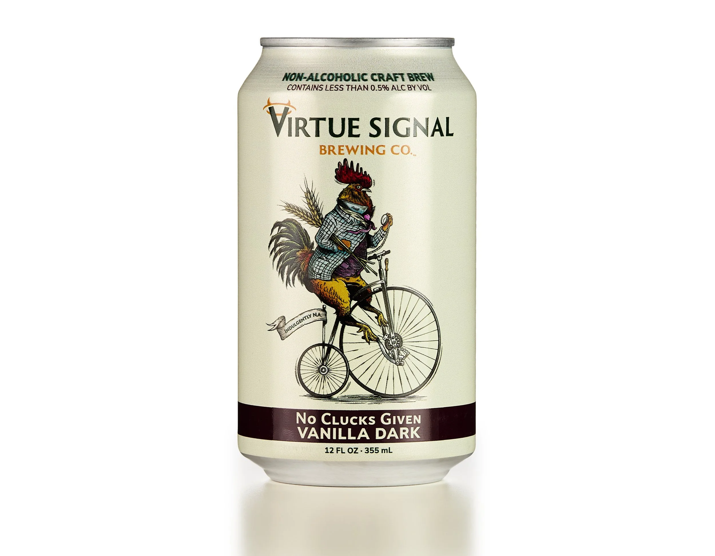 A can of Virtue Signal brewing company vanilla dark non-alcoholic craft beverage featuring a rooster riding a bicycle.