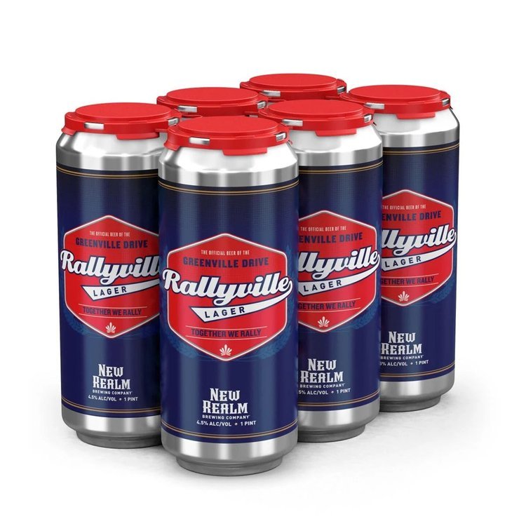 Six-pack of Rallyville Lager beer cans by New Realm Brewing Company, with blue and red design.