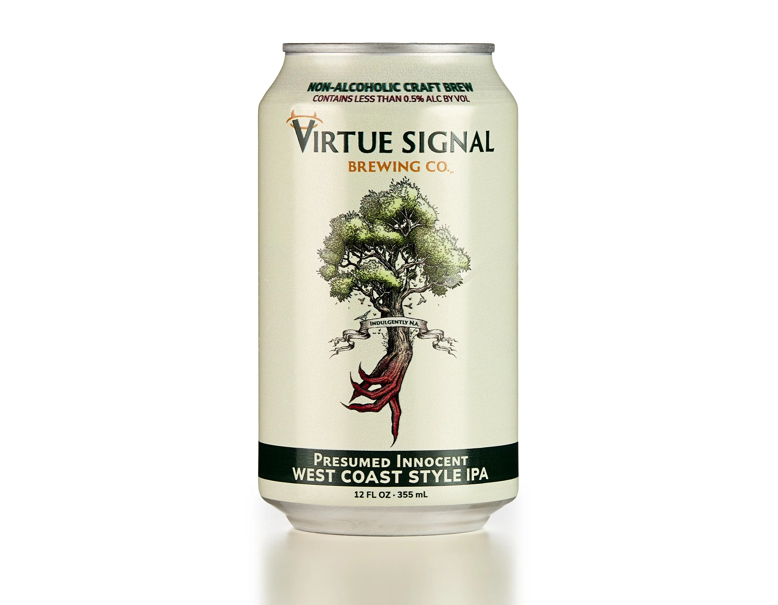 A can of Virtue Signal West Coast Style IPA beer with a graphic of a tree with roots.