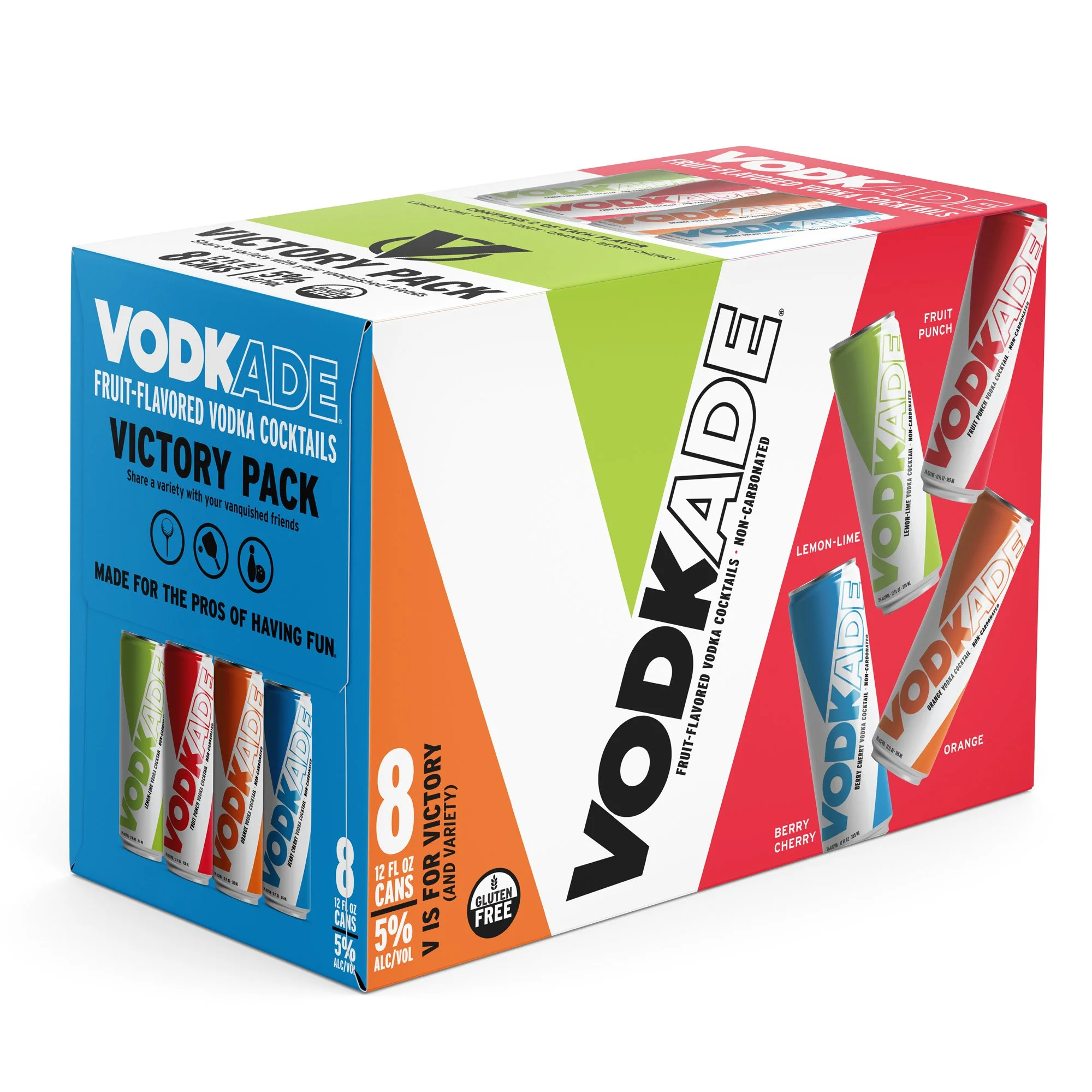 A variety pack of Vodkade flavored vodka cocktails in cans, including lemon-lime, orange, cherry, and other flavors, with colorful packaging.
