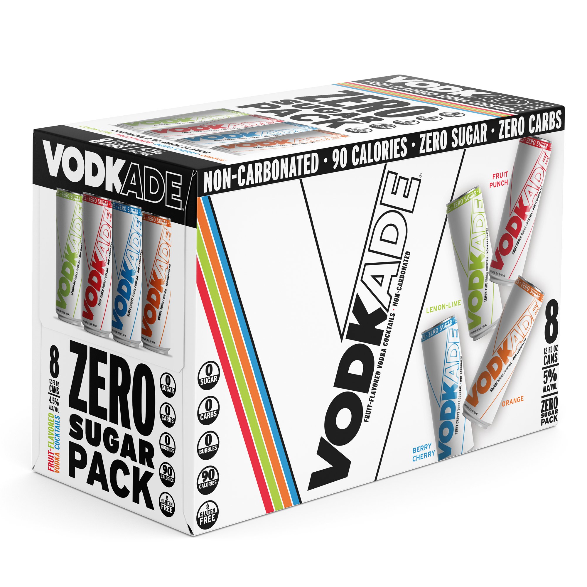 A box of vodkade cocktails with zero sugar, non-carbonated, 90 calories, gluten free, containing 12 cans of 12 fl oz each, with flavors like lemon-lime, berry cherry, orange, and fruit punch.