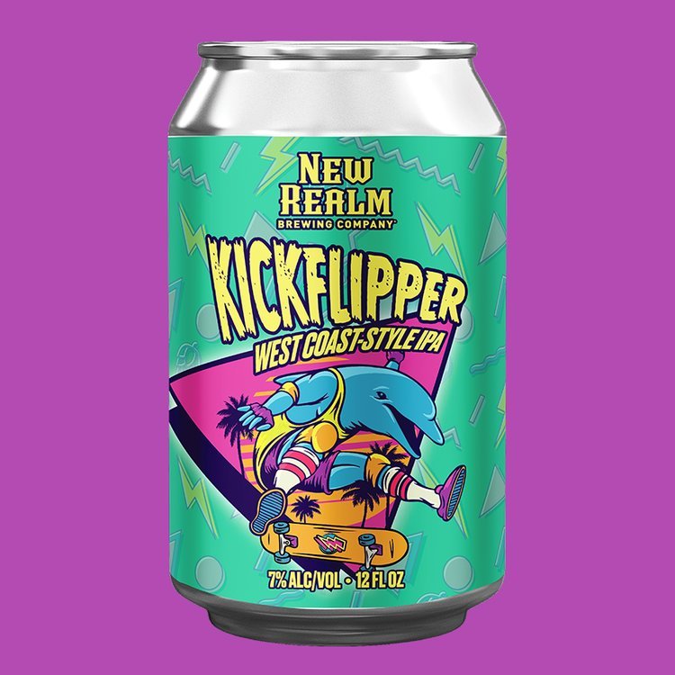 Colorful can of New Realm Brewing Company "Kickflipper" West Coast Style IPA beer with a cartoon dolphin skateboarding