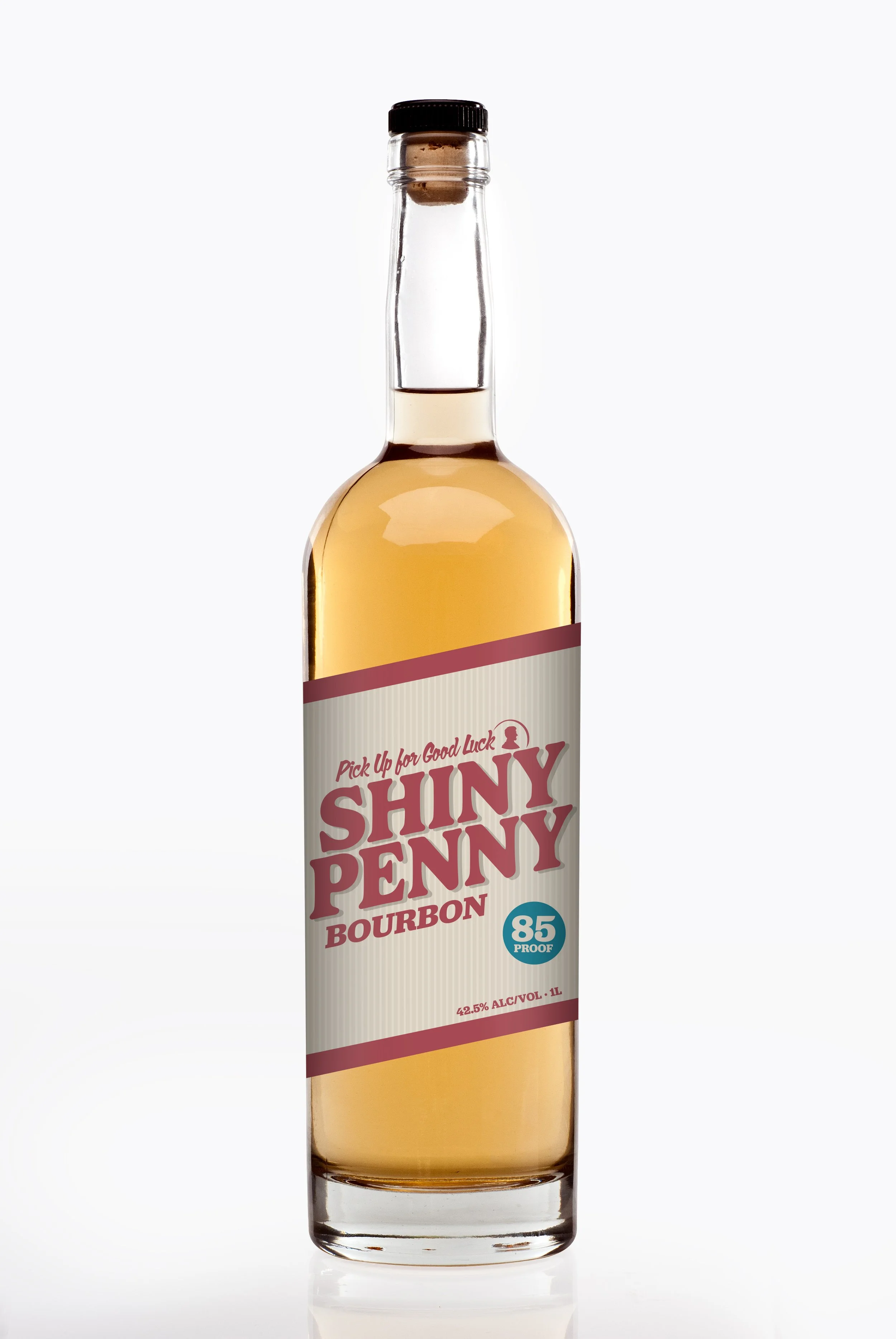 Bottle of Shiny Penny Bourbon with 85 proof label, 42.5% alcohol content, and a vintage-inspired design.