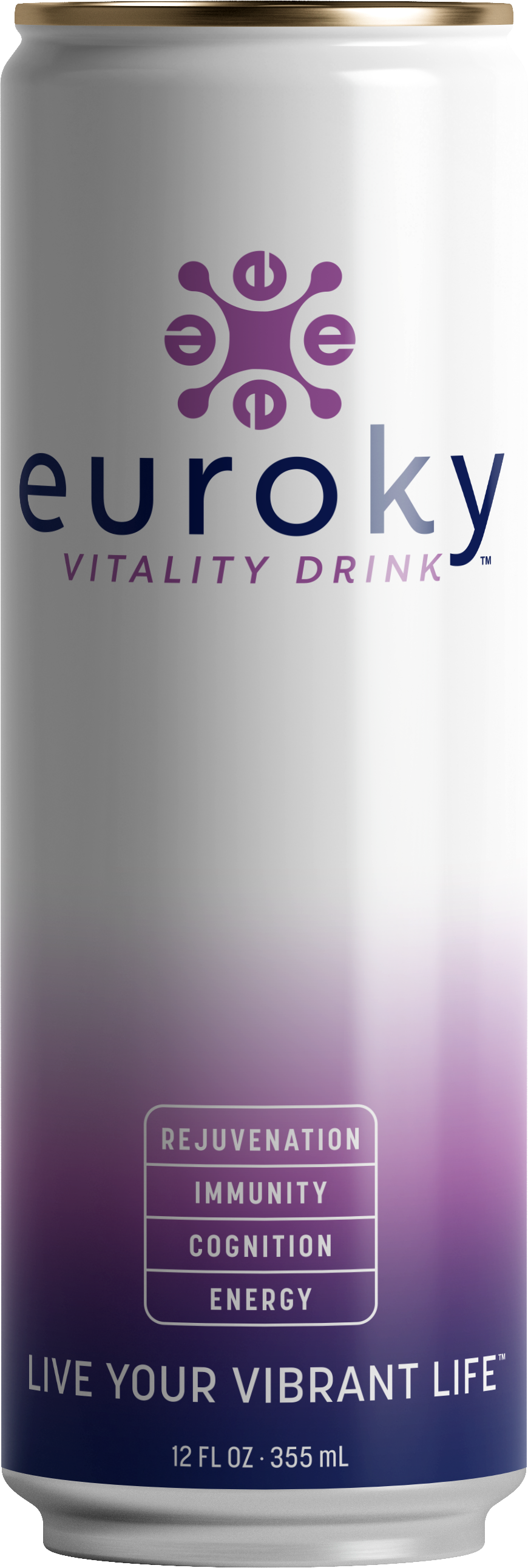 Euroky vitality drink can featuring rejuvenation, immunity, cognition, and energy benefits, with the slogan 'Live Your Vibrant Life' and a 12 fl oz (355 mL) size.