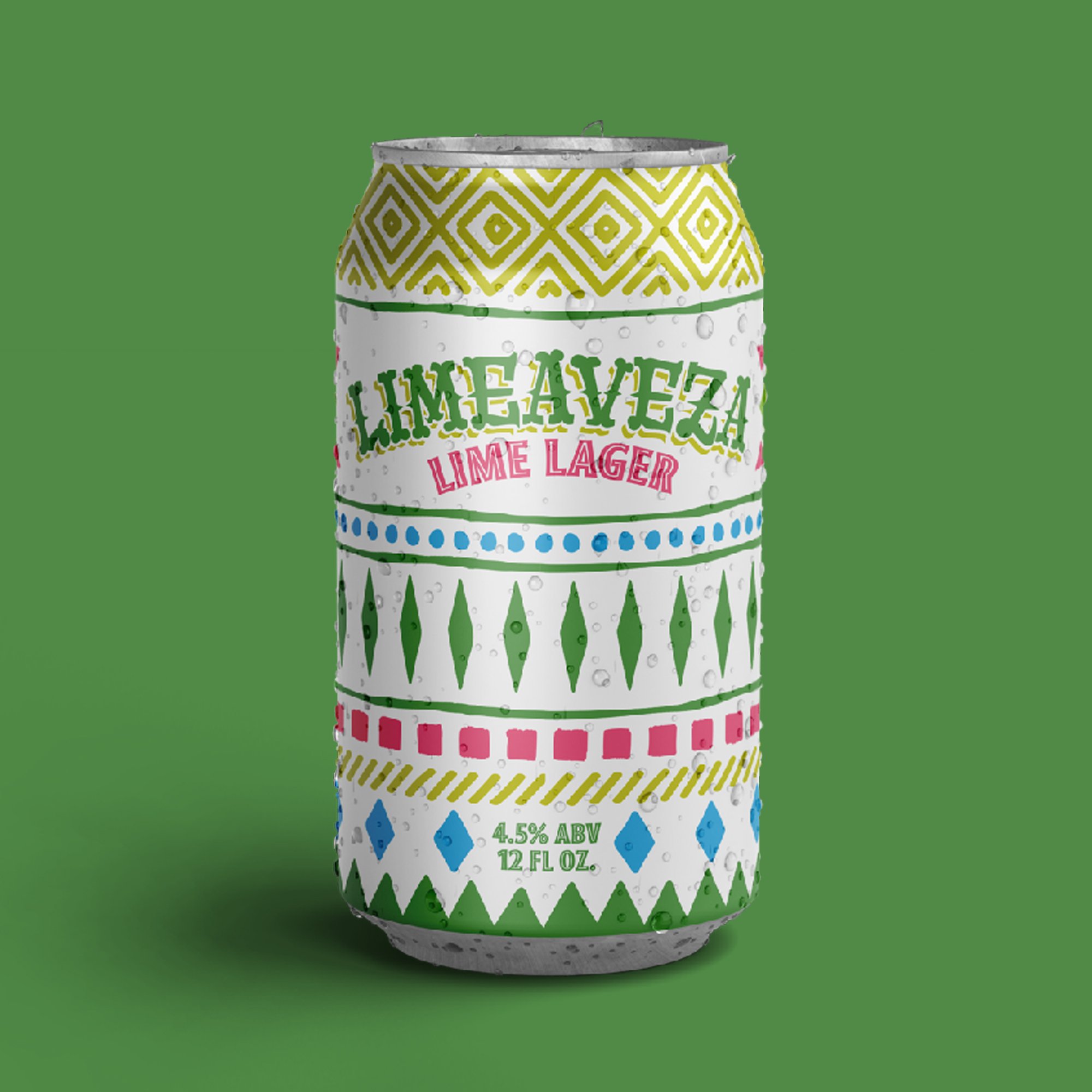 Can of Lime Lager with colorful geometric patterns on a green background
