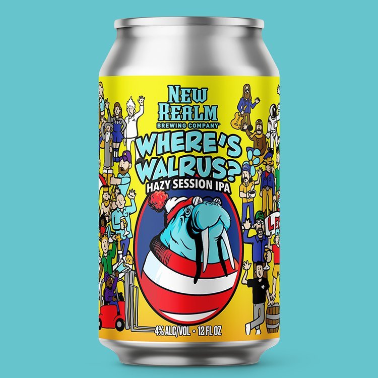 Colorful beer can with "New Realm Brewing Company" logo, titled "Where's Walrus? Hazy Session IPA." Illustration features various characters and a cartoon walrus wearing a red and white striped shirt and hat. Can displays "4% ALC/VOL, 12 FL OZ." on a